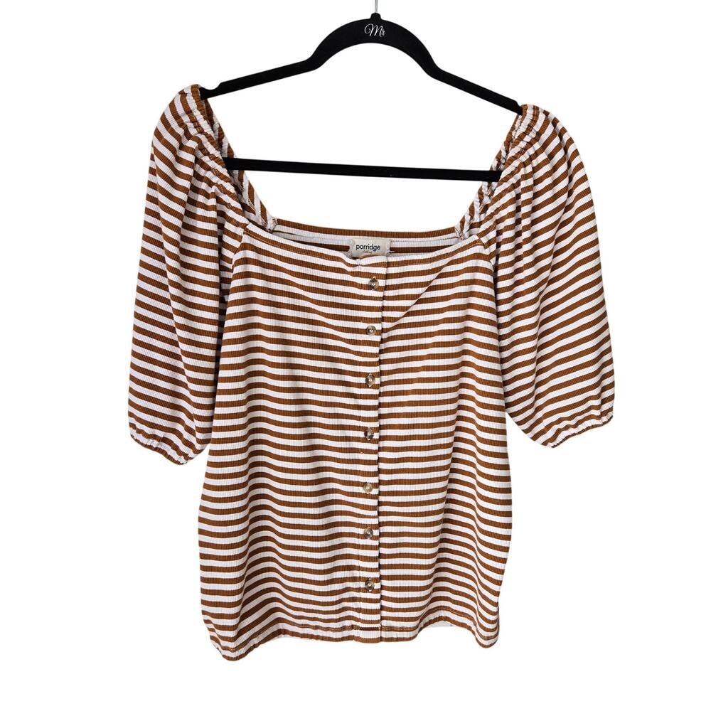 Anthropologie Striped Puff Sleeve Top Porridge Size XL